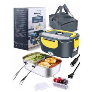 Marmita Elétrica Portátil 3 em 1 com Garfo, Colher e Bolsa para Transporte, 12V bivolt 80W, Buddew, Amarelo e Azul