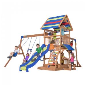 Conjunto de Balanço em Madeira Cedar Backyard Discovery Beach Front Multicolor com Escorregador Ondulado 2,44 m, Área de Recreação