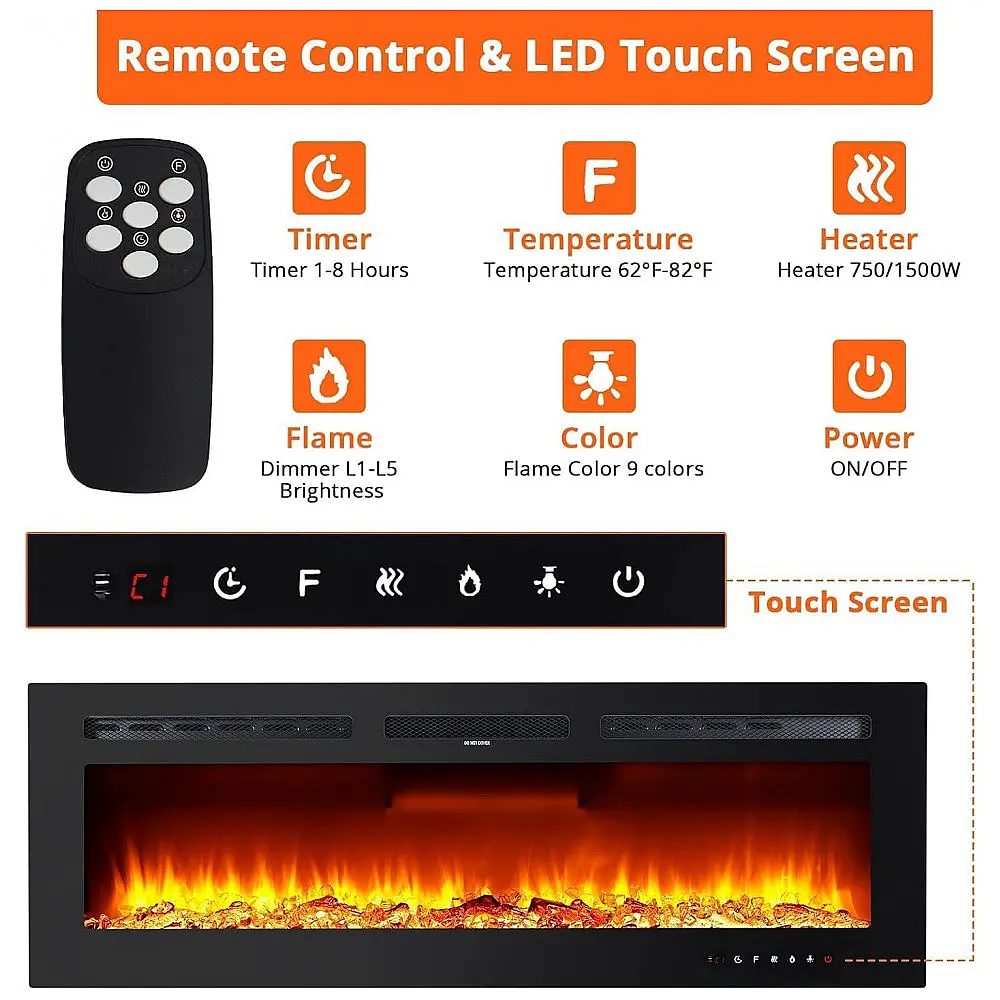 Lareira Elétrica de 152 cm Embutida ou de Parede, Aquecedor 1500/750W (15-37°C), Tela Touch, Controle Remoto, Timer — foto 2