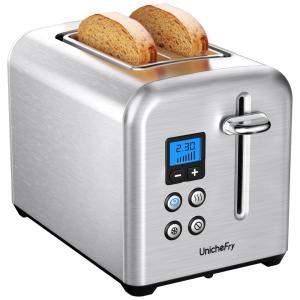 Torradeira Elétrica 2 Fatias em Aço Inoxidável com Contagem Regressiva Digital e Bandeja de Migalhas Removível, 900W, Unichefry, Prata