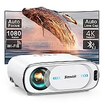 Projetor Portátil Jimveo E30 Branco Foco Automático Keystone 6D 1080P Suporte 4K WiFi 6 Bluetooth 1500 Lúmens