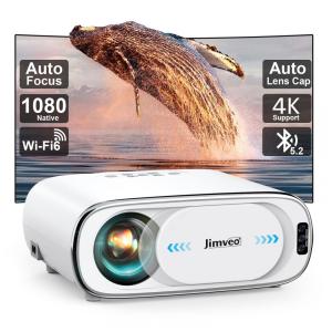 Projetor Portátil Jimveo E30 Branco Foco Automático Keystone 6D 1080P Suporte 4K WiFi 6 Bluetooth 1500 Lúmens