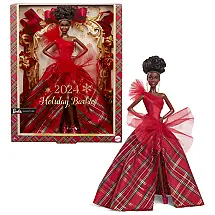 Boneca Barbie Signature Holiday 2024 com vestido xadrez e cabelo castanho preso em coque