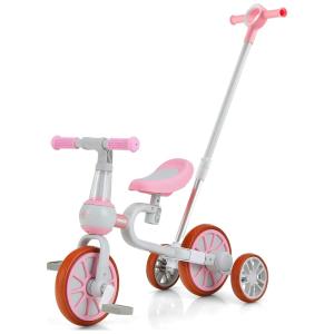 Triciclo Infantil 5 em 1 com Alça de Empurrar e Assento Ajustáveis e Pedal Removível para Crianças de 2 a 4 Anos, OLAKIDS, Rosa