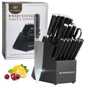 Conjunto de Facas em Aço Inoxidável com Bloco de Bancada, 18 Peças, ANTINIVES, Preto