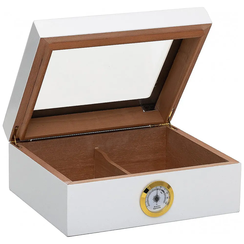 Humidor Capri Quality Importers Branco Tampa Vidro Temperado Higrômetro Brass 25-50 Charutos — foto 2