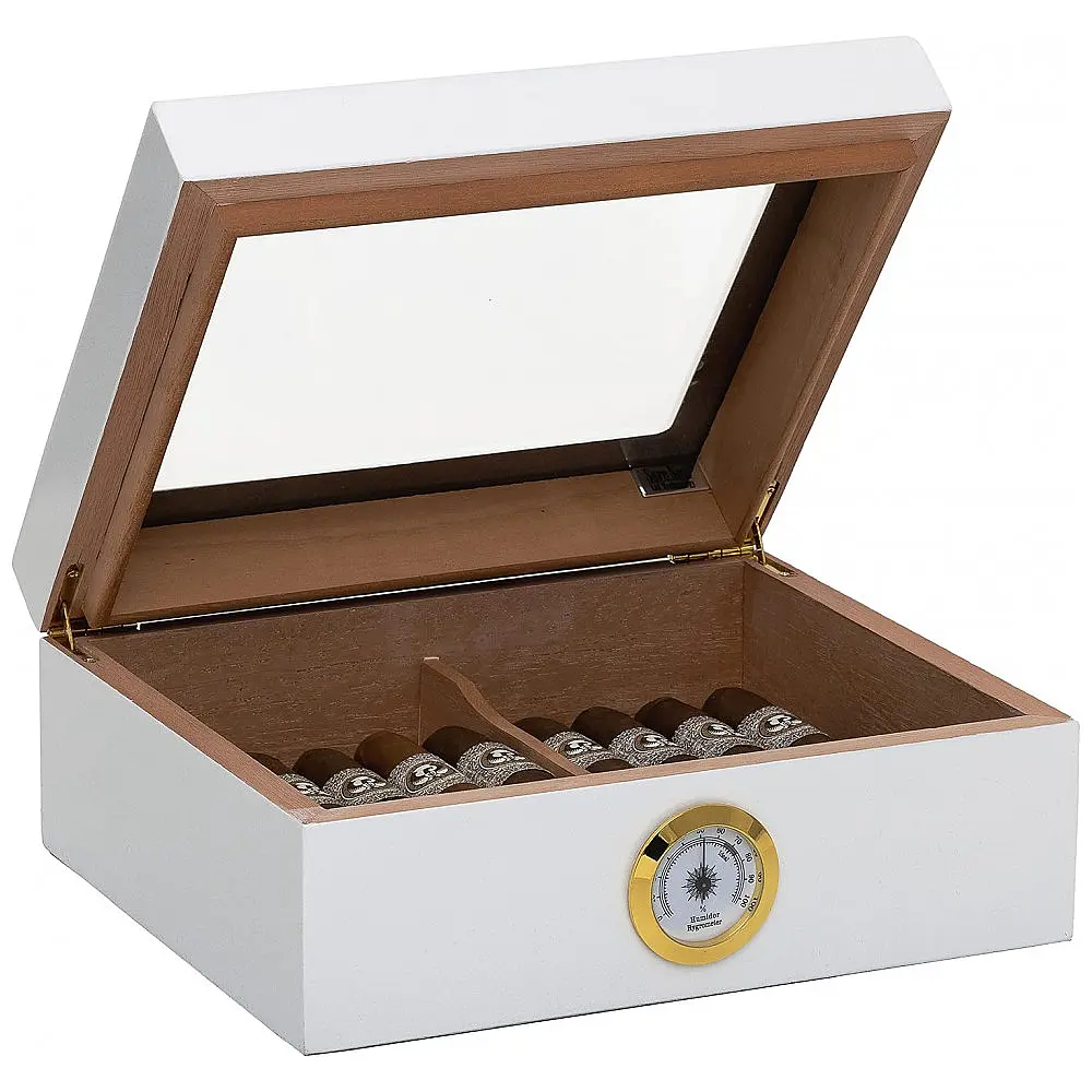 Humidor Capri Quality Importers Branco Tampa Vidro Temperado Higrômetro Brass 25-50 Charutos — foto 3