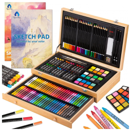 Kit Lápis de Cor Profissional VigorFun com Maleta de Madeira 146 peças Tintas Acrílicas, Aquarela, Marrom Claro