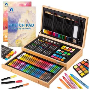 Kit Lápis de Cor Profissional VigorFun com Maleta de Madeira 146 peças Tintas Acrílicas, Aquarela, Marrom Claro