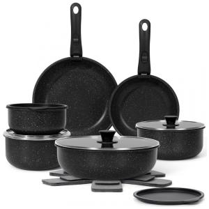 Jogo de Panelas e Frigideiras Antiaderentes em Granito com 17 Peças e Cabo Removível, SODAY, Preto