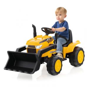 Trator Escavadeira Elétrico Infantil a Bateria 12V com Farol, Música e Buzina, HONEY JOY, Amarelo