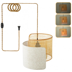 BAMWUAN Luminária Pendente Boho com Dimmer Contínuo e Cúpula de Linho e Bambu – 3,42m Cordão Plug-in