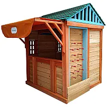 Casinha Infantil de Madeira para Área Externa Inclui Janela de Toldo com 4 Jogos, Parede de Bolas, Arremesso de Dardos e Tetris, Swellsuite