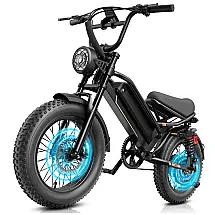 Bicicleta elétrica Jasion YR16 preta, estilo dirt/moped com pneus 16x4, motor até 2000W, bateria 48V 12,5Ah, suspensão dupla e voltagem 110V