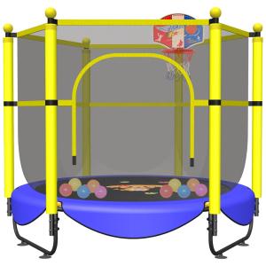 VGMiu LS5FT Cama Elastica Infantil com Diâmetro e Cesta de Basquete para até 150 kg, Amarelo, Azul