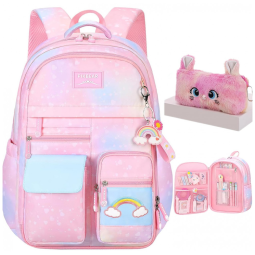 Mochila escolar infantil kistou arco-íris com estojo de pelúcia, oxford impermeável, grande capacidade, rosa e roxa