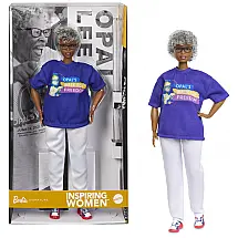 Boneca Barbie Inspiring Women Opal Lee camiseta azul “Opal’s Walk for Freedom” calça branca óculos base e embalagem expositora 2026