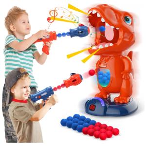 EagleStone Jogo de Tiro com Dinossauro Móvel para Crianças – 2 Armas de Bomba de Ar, 48 Bolinhas de Espuma, Alvo Eletrônico com LED e Som