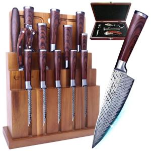 Conjunto de Facas em Aço Inoxidável com Bloco de Bancada, 15 Peças, HOABLORN Damscus Knife set 20Pcs, Marrom