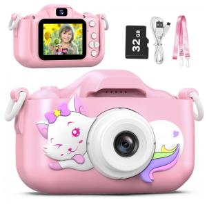 Câmera Selfie Infantil Goopow Para Meninas/Meninos 3-9 Anos, Digital com Capa Protetora e Cartão SD 32GB (DC-H21-PINK).