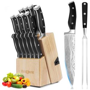 Rhône Conjunto de Facas em Aço Inoxidável com Afiador Embutido e Bloco de Bancada 18 Peças, PARIS RHÔNE, Preto