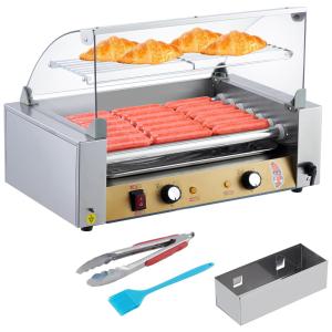 Máquina de Salsicha Hot Dog Tropow Grill em aço inox, 7 rolos, controle de temperatura duplo, tampa de vidro, prateleira aquecedora de pães