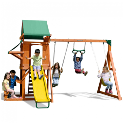 Conjunto de Balanços de Madeira Sportspower Roseville Verde/Amarelo, 6 Estações com Escorregador 1,83 m, Capacidade 363 kg