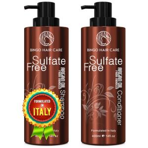 Shampoo e Condicionador 400 ml com Óleo de Argan Marroquino livre de Sulfato para Cabelos Cacheados e Crespos, BINGO HAIR CARE, Marrom
