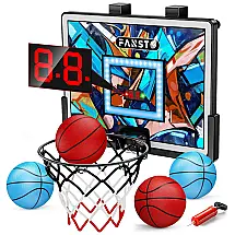 Cesta de Basquete com 4 Bolas, Placar Eletrônico, 2 Modos de Jogo e LED Anti-Impacto, Presente Ideal para Crianças, Fansto