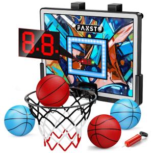 Cesta de Basquete com 4 Bolas, Placar Eletrônico, 2 Modos de Jogo e LED Anti-Impacto, Presente Ideal para Crianças, Fansto