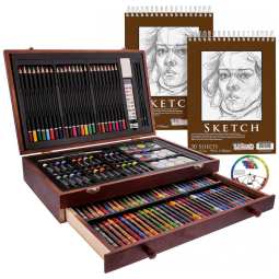 Kit Lápis de Cor Profissional 101 USA com Maleta de Madeira 145 peças Tintas Acrílicas, Aquarela, U.S. ART SUPPLY, Marrom