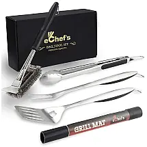 Kit Churrasco na Grelha 5 Peças de Aço Inoxidável e Escova de limpeza com Estojo de zenamento, ECHEFS, Prateado