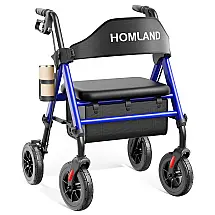 Andador Dobrável para Idoso, com Assento, Rodas Grandes de 20 cm para Todos os Terrenos, Altura Ajustável e Suporta até 180 kg, HOMLAND