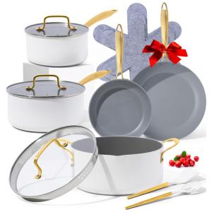 Jogo de Panelas e Acessórios com Revestimento Antiaderente e indução, 15 Peças, STYLED SETTINGS, Branco e Dourado