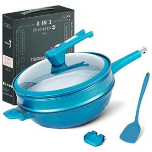 TIBORANG Panela Frigideira 6L Antiaderente 8 em 1 com Revestimento de Alumínio e Titânio Fundido e Indicador de Calor, Azul