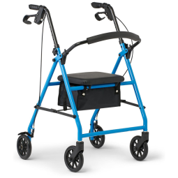 Andador Rollator de Aço Medline Confiável, Azul Claro, Suporta até 136 kg, 6 Rodas, Cabo Regulável, Assento Acolchoado com Encosto