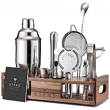 Kit Bartender Profissional 14 Peças em Aço Inoxidável com Suporte de Madeira, Etens