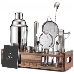 Kit Bartender Profissional 14 Peças em Aço Inoxidável com Suporte de Madeira, Etens