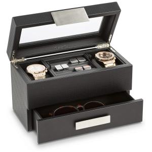 Caixa, Estojo de Fibra de Carbono para Relógios com 2 Compartimentos, Glenor Co, Preto