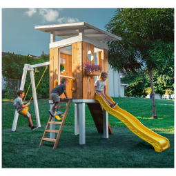 Playground Infantil de Madeira com Escorregador, Balanços, Escada e Parede de Escalada, Avenlur SW001, Amarelo