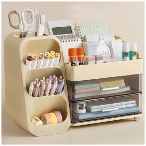 Organizador de mesa HBlife bege com porta‑canetas, 4 compartimentos superiores e 2 gavetas para escritório, casa e escola