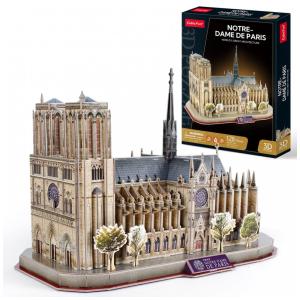 Quebra Cabeças 3D Arquitetura Notre Dame com Led para Crianças e Adultos, 128 Peças, CUBICFUN DS0986H, Branco