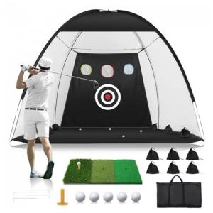 Rede de Treino para Golfe de 3m x 2,1m, Inlcui Tapete Tri-Turf, Redes Auxiliares, Alvo de Náilon e Redução de Ruído para Ambientes Internos