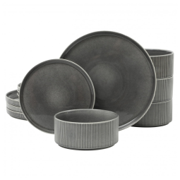 Conjunto de Jantar Gibson Elite Solana Coast 12 Peças em Cerâmica Reativa para 4 Pessoas - Design Moderno com Acabamento em Preto Brilhante
