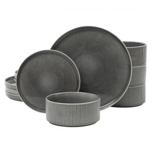 Conjunto de Jantar Gibson Elite Solana Coast 12 Peças em Cerâmica Reativa para 4 Pessoas - Design Moderno com Acabamento em Preto Brilhante