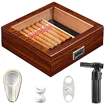 Umidor Flauno com Kit Completo: Luminária, Cinzeiro, Cortador, Higrômetro Digital, Umidificador, Divisor, Revestimento em Cedro - Capacidade