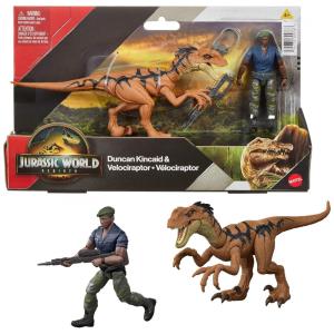Mattel Jurassic World Rebirth - Pack Figura Humano e Dinossauro Velociraptor Duncan Kincaid 9,5 cm Articulada