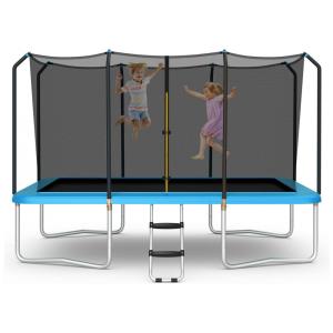 Trampolim GYMAX para crianças, trampolim retangular de 14 pés aprovado pela ASTM com escada antiderrapante de rede de gabinete