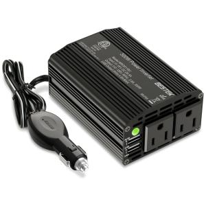 Inversor de Potência 300W 12V Para AC 2 Tomadas, USB, 110v, BESTEK, Cinza escuro