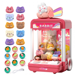 Máquina de Garra Infantil Aiqi Rainbow Rabbit Rosa com Luz e Som, Mini Vending Machine, Inclui 10 Pelúcias e 10 Brinquedos, 32 cm